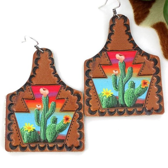 Jewelry - CACTUS TRIO FAUX LEATHER COW TAG EARRINGS